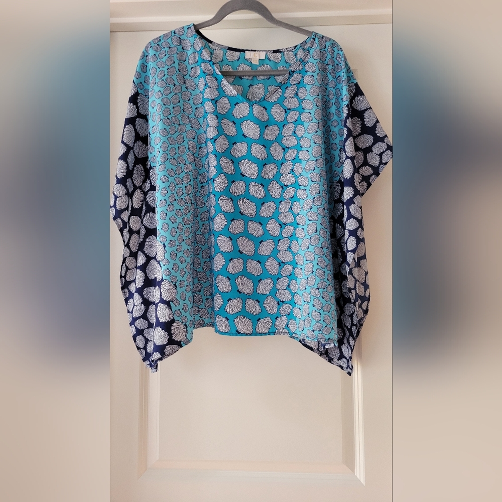 EUC-Charming Charlie Poncho Top- Fan Clam Shell Print- Blue & Turquoise Size S
